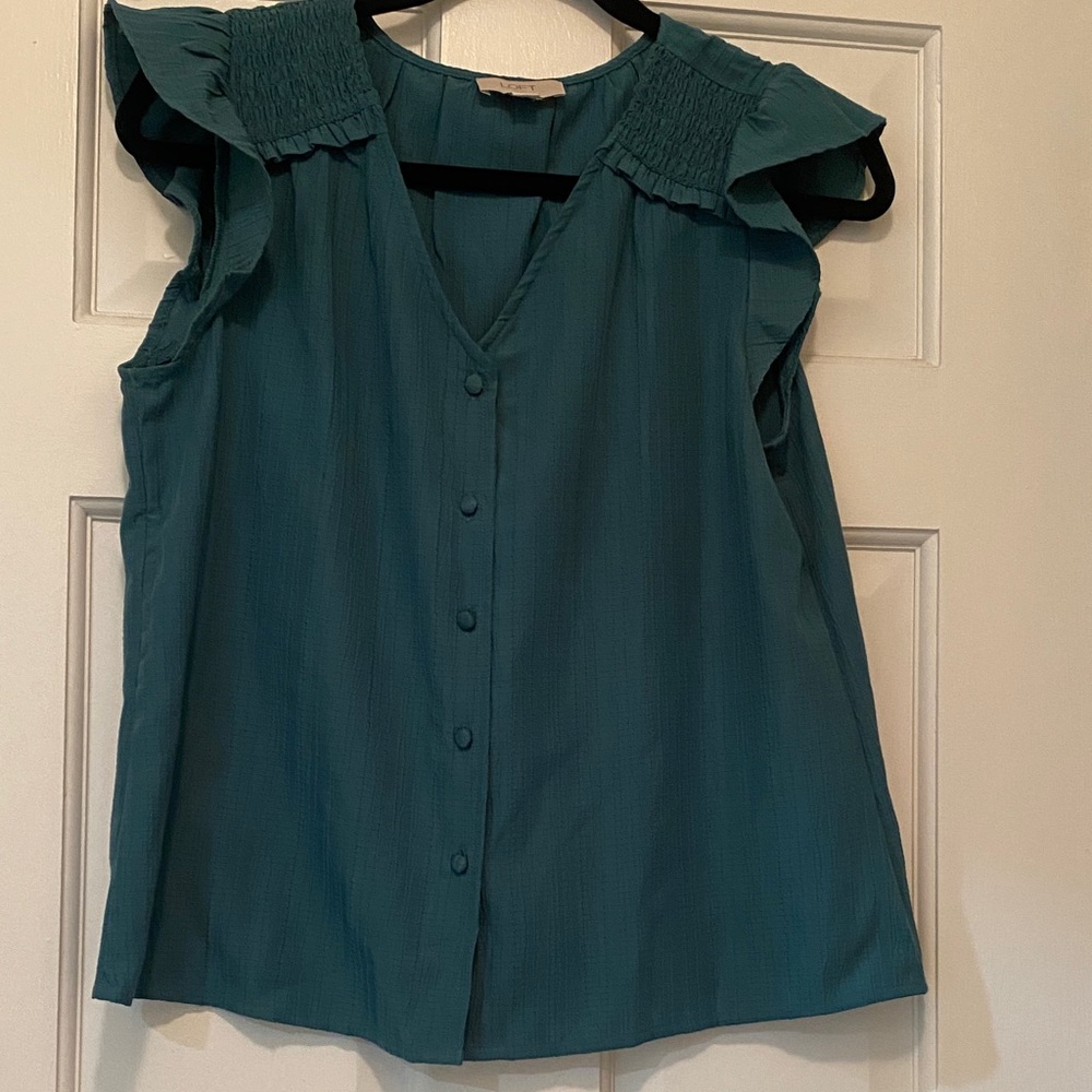 LOFT Teal Button-Down Blouse with Ruffled Sleeves